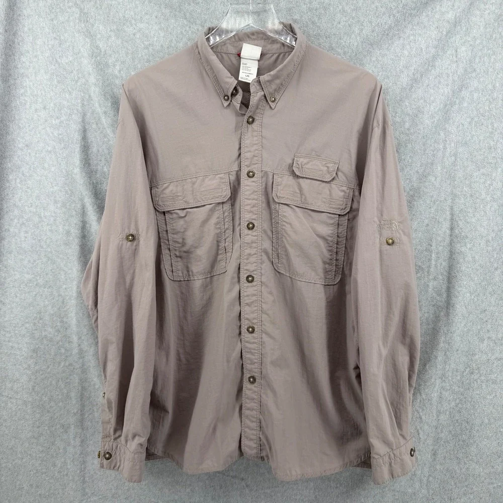 The North Face Mens Long Sleeve Hiking Shirt Tan Nylon Button Down Large